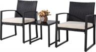jamfly 3-piece patio bistro set, outdoor wicker furniture balcony porch chairs conversation sets with glass coffee table(beige) logo
