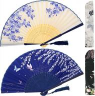 vintage bamboo and silk hand fans for women - omytea chinese and japanese style fans - ideal for festivals, parties, weddings, performances, decorations and gifts - white rose & blue sakura logo