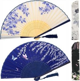 img 4 attached to Vintage Bamboo And Silk Hand Fans For Women - OMyTea Chinese And Japanese Style Fans - Ideal For Festivals, Parties, Weddings, Performances, Decorations And Gifts - White Rose & Blue Sakura