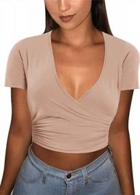 img 2 attached to VETIOR Women'S Sexy Crop Top - Deep V Neck, Short Sleeve, Casual Workout Slim Fit Cross Wrap Shirts