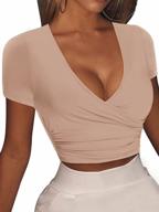 vetior women's sexy crop top - deep v neck, short sleeve, casual workout slim fit cross wrap shirts logo