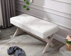 img 1 attached to Кремовая ткань с обивкой 36-дюймовая скамья для прихожей с X-образными деревянными ножками для гостиной, фойе или прихожей - Chairus Bedroom Bench Seat