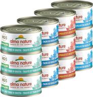 🐱 almo nature hqs natural variety pack: grain free, additive free recipes - atlantic style tuna, mackerel, chicken & shrimps, trout & tuna: adult cat canned wet food, shredded логотип