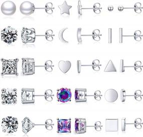 img 4 attached to Hypoallergenic White Gold Plated Stud Earrings Set For Women - Stunning Crystal Star Moon Bar Ball Design - Perfect For Girls' Jewelry Collection