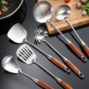 img 1 attached to 7Pc 304 Stainless Steel Kitchen Utensil Set W/ Heat Resistant Wooden Handles & Holder