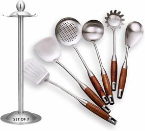 img 4 attached to 7Pc 304 Stainless Steel Kitchen Utensil Set W/ Heat Resistant Wooden Handles & Holder