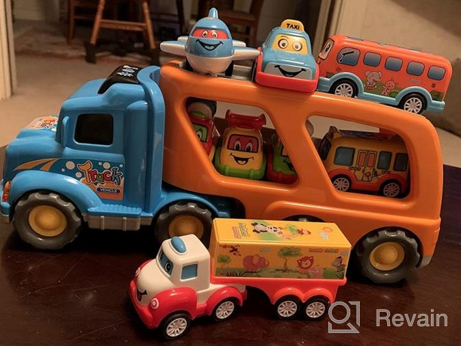 img 1 attached to 9-Piece Car Toy Set For 2-5 Year Olds - Big Carrier Truck, 8 Cartoon Pull Back Cars, Colorful Assorted Vehicles, Sound & Light Transport Truck – Best Gift For Boys & Girls! review by Shawn Mcfee