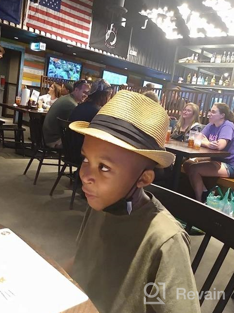 img 1 attached to 🎩 Children's Straw Sun Beach Fedora Hat with Short Brim - Fedora for Boys Girls (20.5" - 2-5 Years; 21.26" - 5-10 Years) review by Christian Bar