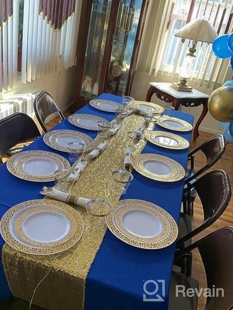 img 1 attached to WELLIFE 350-Piece Gold Plastic Dinnerware Set: 50 Dinner Plates, 50 Dessert Plates, 50 Pre Rolled Napkins With Gold Silverware And 50 Cups. review by Epitome Ballard