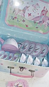 img 6 attached to Jewelkeeper 15 Piece Kids Pretend Toy Tin Tea Set & Carry Case - Llama Design