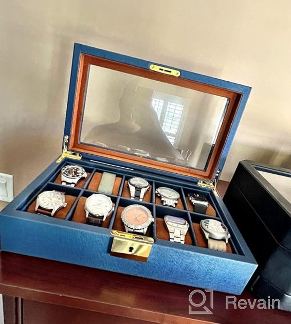 img 1 attached to ROTHWELL 10 Slot Leather Watch Box - Luxury Watch Case Display Jewelry Organizer - Locking Watch Display Case Holder With Large Glass Top - Watch Box Organizer For Men And Women (Blue/Tan) review by Mike Flyers