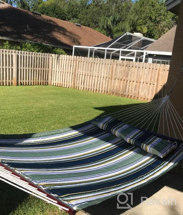 img 1 attached to SUNLAX Double Hammock - Portable 2 Person Hammock For Indoor And Outdoor Leisure, Supports 450 Lbs, Includes Hardwood Spreader Bar And Detachable Pillow, Blue And Aqua Stripes review by Chad Jeffries