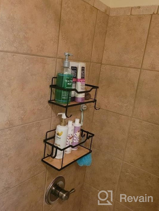 img 1 attached to Wall Mount Bamboo Shower Caddy Organizer With 6 Hooks - Natural, Self-Adhesive, Waterproof & Rustproof Storage Rack For Bathroom And Kitchen - No Drilling Required (2 Pack) review by Patrick Keita