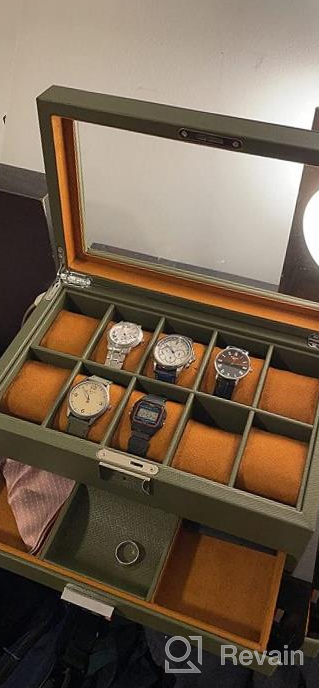 img 1 attached to ROTHWELL 10-Slot Watch Box In Leather With Valet Drawer, Luxury Watch Case Display Organizer With Ultra Soft Microsuede Liner, Jewelry And Sunglass Holder With Large Glass Top (Tan/Brown) review by Trey Angus