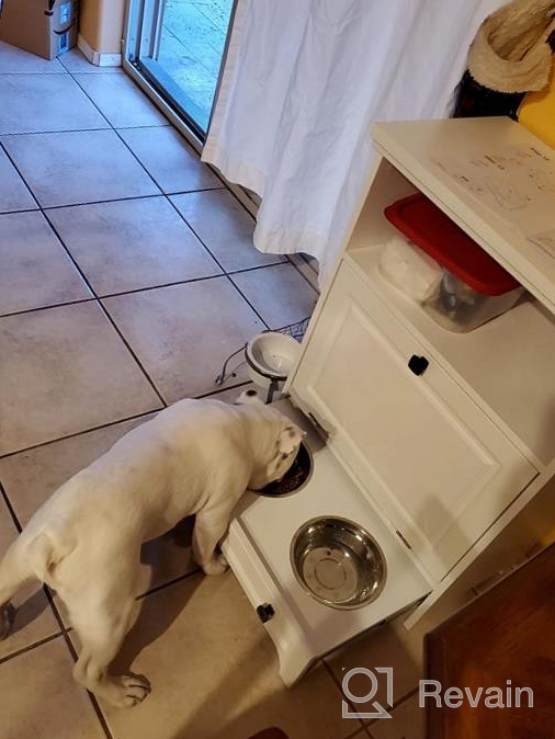 img 1 attached to Stylish White Farmhouse Pet Station With Pull Out Bowls & Storage Cabinet For Modern Pet Care review by Charles Mistretta