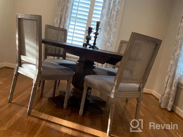 img 1 attached to 🪑 Set of 2 Distressed Beige Fabric French Farmhouse Chairs with Round Rattan Back - Elegant Tufted Kitchen and Dining Room Furniture review by Steven Adams