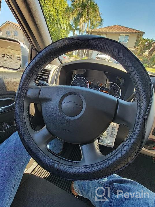 img 1 attached to Valleycomfy Genuine Leather Steering Wheel Cover - Universal 15 Inches, Breathable, Anti-Slip & Odor-Free, Black With Black Lines, For Medium Size Steering Wheels (14 1/2-15 1/4 Inches) review by Steve Beaumont