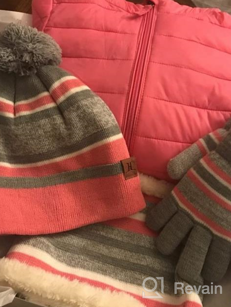 img 1 attached to Maylisacc Winter Kids Hat Scarf and Gloves Set for Boys and Girls Toddler Age 3-6 - Striped Pom Beanie, Glove, and Neck Warmer Combo review by Jim Young