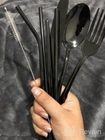 img 6 attached to 🍽️ Convenient & Compact Travel Reusable Utensils Set - Stainless Steel Silverware with Case, Ideal for Camping & On-the-Go Dining, Includes Chopsticks and Straw - 8 Piece AF (Black)