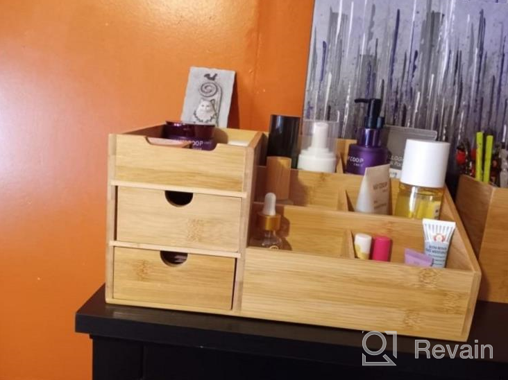 img 1 attached to Bamboo Makeup Organizer With Drawers, Cosmetic Tray Brush Holder For Vanity Countertop Or Dresser Top Storage review by Benjamin Michels