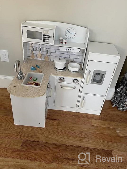img 1 attached to Qaba Kids Wooden Play Kitchen Set With Drinking Fountain, Microwave, Fridge And Accessories For Ages 3+, White review by Troy Meza