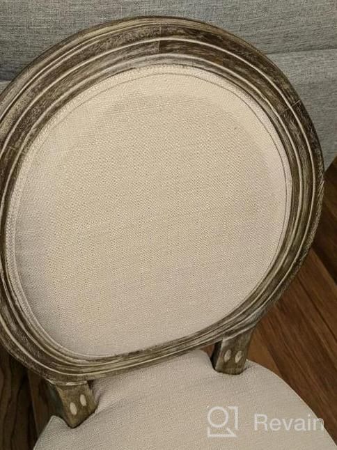 img 1 attached to 🪑 Set of 2 Distressed Beige Fabric French Farmhouse Chairs with Round Rattan Back - Elegant Tufted Kitchen and Dining Room Furniture review by Patrick Bacho