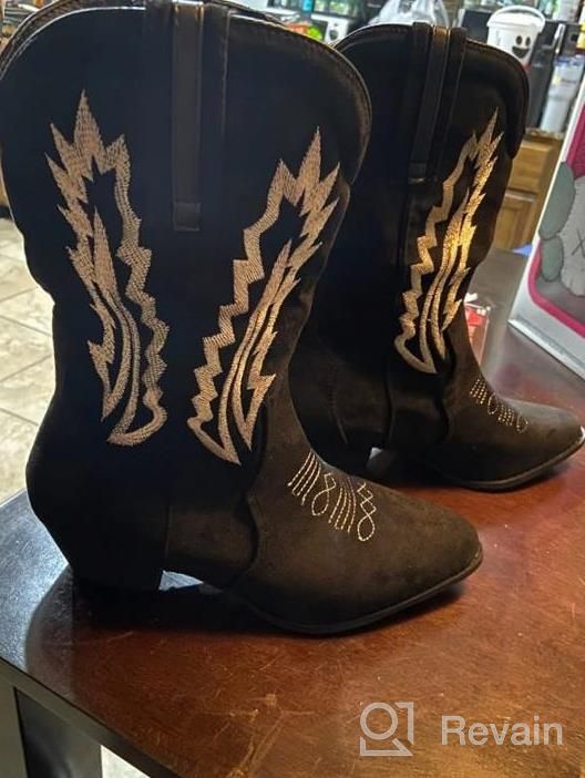 img 1 attached to Embroidered Suede Cowgirl Boots For Women - Pointed Toe Pull On Western Booties With Mid Calf Height By TEMOFON review by Mario Portillo