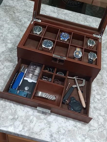 img 1 attached to ROTHWELL 10-Slot Watch Box In Leather With Valet Drawer, Luxury Watch Case Display Organizer With Ultra Soft Microsuede Liner, Jewelry And Sunglass Holder With Large Glass Top (Tan/Brown) review by Jake Larson