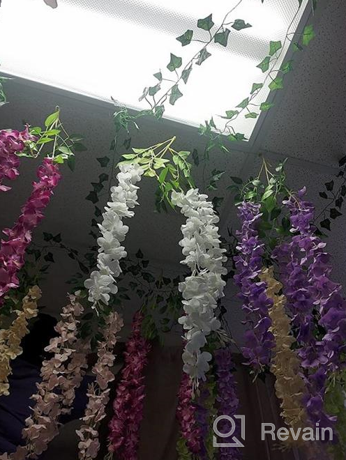 img 1 attached to Pink Artificial Fake Wisteria Vine Rattan Hanging Garland Silk Flowers String Home Party Wedding Decor 43.2 Feet (12 Pack) review by John Young