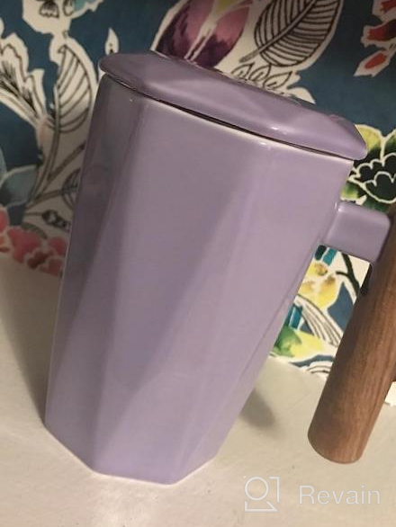 img 1 attached to Geometric Porcelain Tea Mug With Infuser And Lid, 17 Oz, Wooden Handle - Purple. Perfect Tea Cup For Steeping And Ideal Gift For Tea Lovers For Home, Office Or Travel - By SWEEJAR review by Sarah Johnson