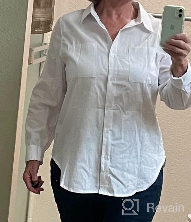 img 1 attached to Women'S 100% Cotton Button-Down Long Sleeve V Neck Blouse Business Casual Work Office Pocket Top review by Kwesi Delgado