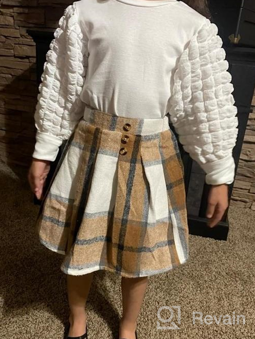 img 1 attached to Trendy Fall/Winter Outfit For Toddler Girls: Puff Sleeve Tops And Plaid Mini Skirts 2-Piece Set By DONWEN review by Sharon Johnson