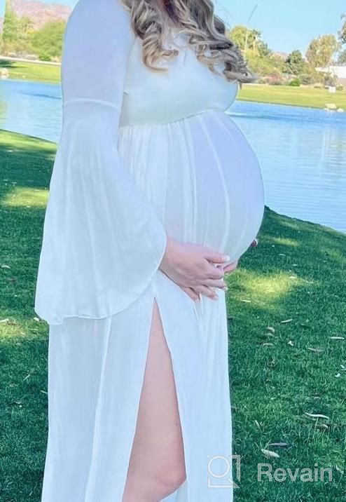 img 1 attached to Maternity Off Shoulder Wrap Flare Sleeves Maxi Photography Dress Baby Shower Gown review by Tom Oberhue