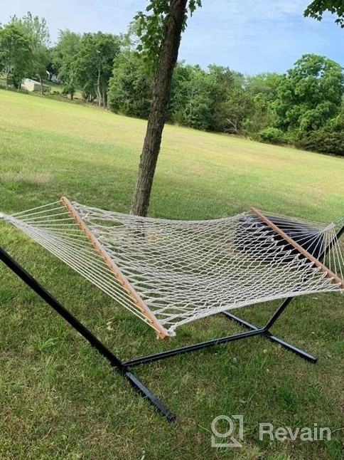 img 1 attached to Cotton Rope Pad Hammock With Stand 400Lbs Capacity, Indoor Outdoor Use 12 Feet Hammock Stand Spreader Bar Hammock Pad And Pillow Combo 2 Storage Bags Included (Cyan Stripe) review by Ashwin Worlds