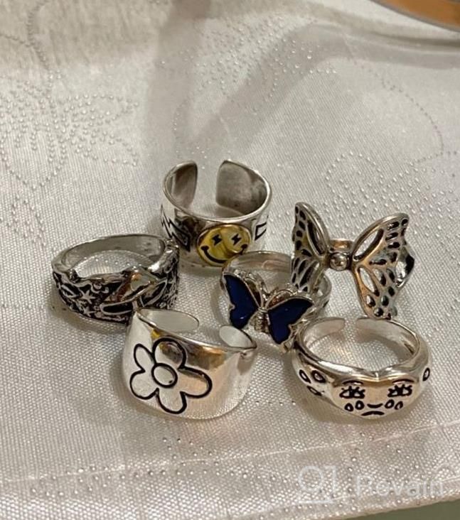 img 1 attached to 6Pcs Smiley Crying Face Knuckle Ring Set Chunky Adjustable Butterfly Vintage Silver Mushroom Star Flower Rings For Women review by Jay Meza