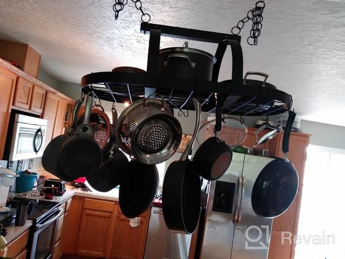 img 1 attached to Matte Black Oval Pot And Pan Rack With 20 S Hooks - 34-Inch Hanging Pot Rack For Kitchen By KES, KUR221S85-BK Ceiling Pot Hanger review by Emily Wilson