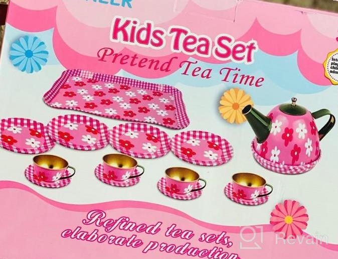 img 1 attached to Pretend Tea Party Set For Girls - 15 Piece Metal Toy Kitchen Tea Set With Tea Pot, Cups, Plates, Saucers, Tray, And Pink Flower Carry Case By INNOCHEER review by Sasha Kupchin