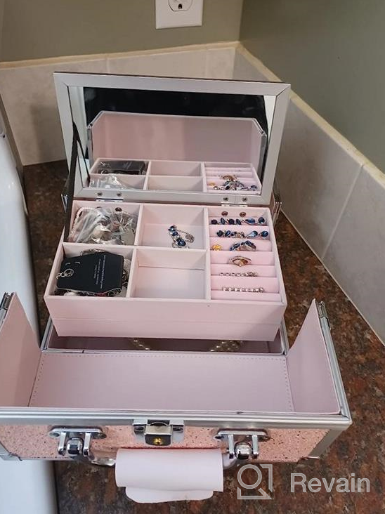 img 1 attached to Shiny Pink Jewelry Organizer Travel Case With Lock, Key, And Mirror - Ideal For Makeup, Brushes, Toiletries, Nail Polish, And Vintage Accessories - Perfect For Women And Girls review by Gregory Popo