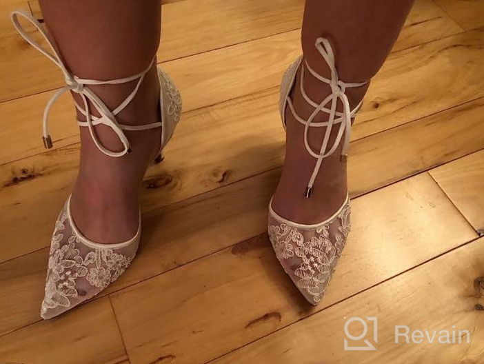 img 1 attached to Women'S Ivory Lace Mesh Satin Wedding Shoes - Comfortable Mid Heel Tie Up Ankle Strap Pointy Toe Pumps review by Travis Rio