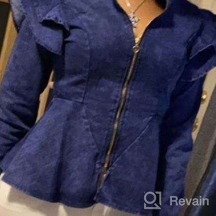 img 1 attached to Stylish Denim Peplum Jacket For Women - Long Sleeve With Zip Closure And Ruffle Shoulder Detail - Plus Size Option Available review by Steve Hardy