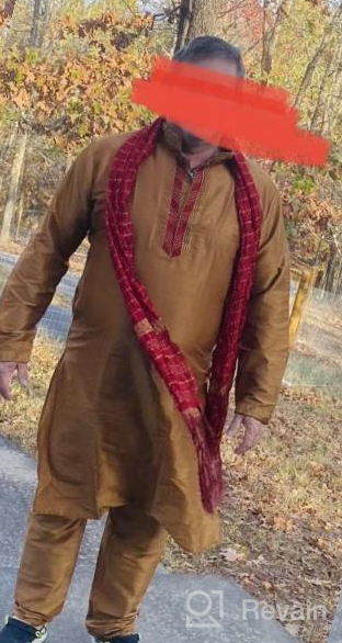 img 1 attached to SKAVIJ Men'S Art Silk Kurta Pajama And Scarf Ethnic Wedding Suit Party Dress Set review by Tom Reasons