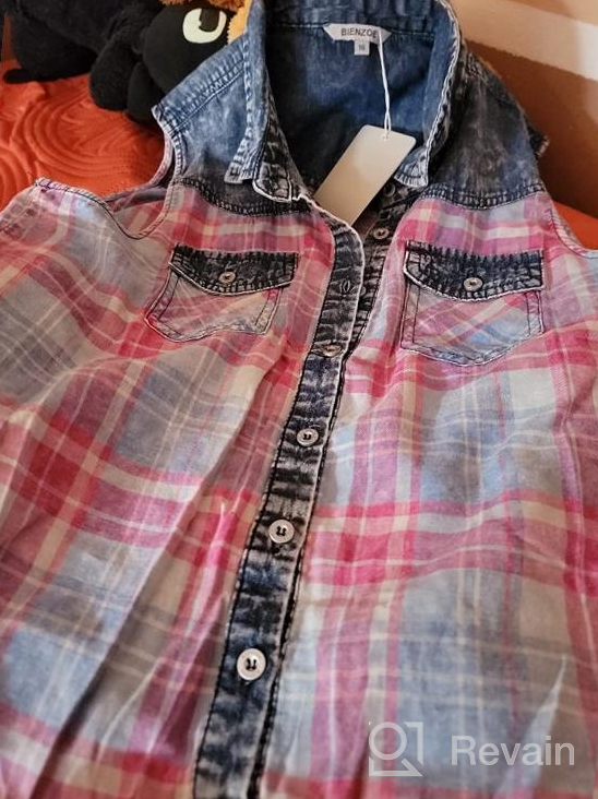 img 1 attached to 😎 Stylish and Comfy: Bienzoe Girl's Plaid Denim Sleeveless Blouse with Tie Detail review by Amy Smith