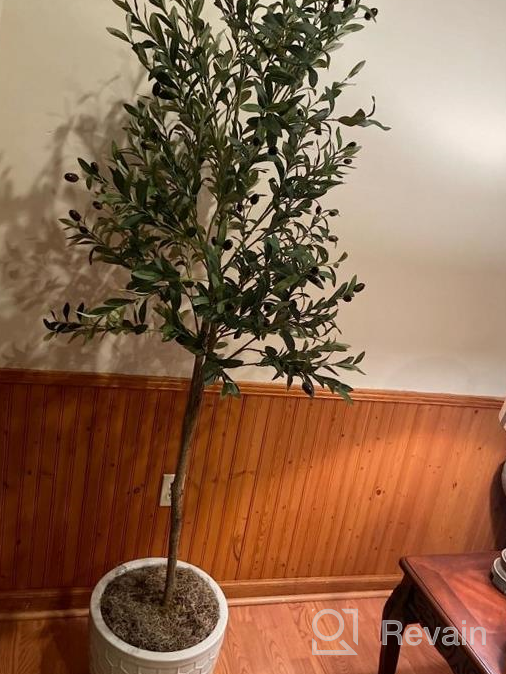img 1 attached to Artificial Olive Tree - 5.25Ft Tall Faux Potted Silk Tree With Planter, Large Olive Branch And Fruit Decoration, Indoor Home Decor For Modern Living Spaces, 1032 Leaves review by James Turpin