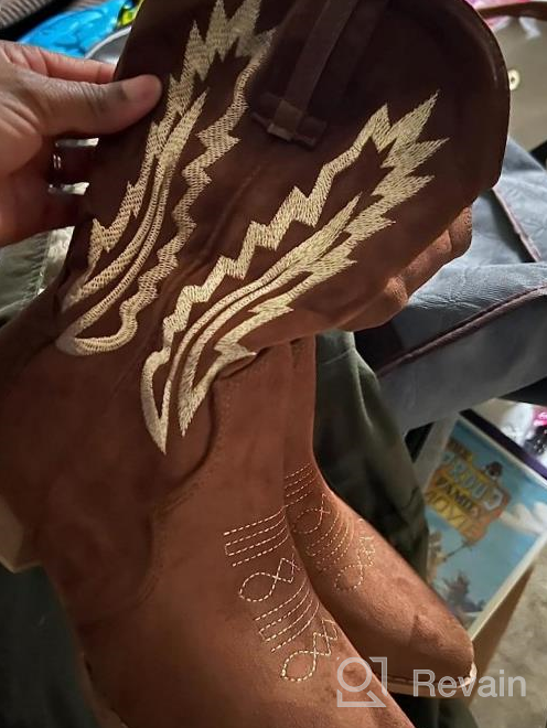 img 1 attached to TEMOFON Cowboy Boots For Women Suede Pointed Toe Pull On Booties Embroidered Western Cowgirl Mid Calf Boots review by Ken Vargas