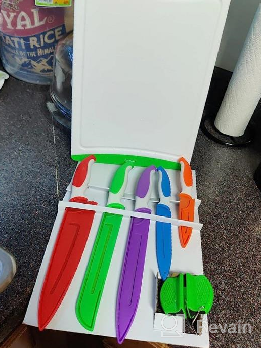 img 1 attached to EatNeat 12-Piece Colorful Kitchen Knife Set - 5 Colored Stainless Steel Knives With Sheaths, Cutting Board, And A Sharpener - Razor Sharp Cutting Tools That Are Kitchen Essentials For New Home review by Marc Oner