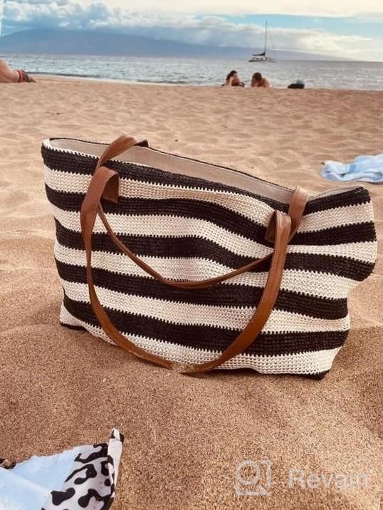 img 1 attached to Stylish Stripe And Stitchwork Straw Tote Beach Bag With Zipper, Ideal For Beach Vacations, Travel, Shopping And Picnics review by Michelle Davis