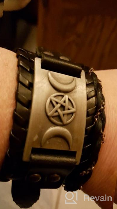 img 1 attached to 🌙 VASSAGO Vintage Pagan Triple Moon Goddess Pentacle Pentagram Amulet Cuff Bracelet - Exquisite Metal & Leather Design review by Chris Hanson