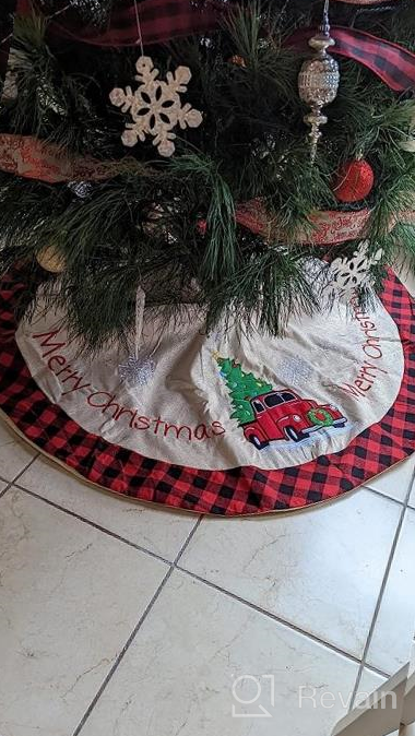 img 1 attached to HAUMENLY Burlap Christmas Tree Skirt, Buffalo Plaid Tree Skirt Pickup Red Truck Xmas Tree Holiday Party Decoration - 48 Inches review by Robert Grimm