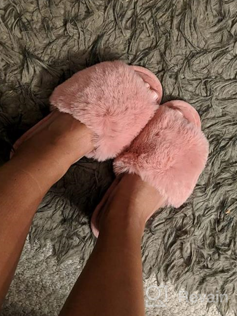 img 1 attached to Parlovable Faux Fur Slippers For Women - Fluffy Flat Spa Shoes With Open Toe, Memory Foam Slide Sandals For Indoor And Outdoor Use review by Raymond Doe