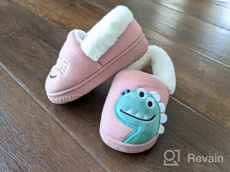 img 1 attached to 🦕 Dinosaur Cotton Knit House Slippers for Little Kids - Warm and Cozy, Cute Cartoon Plush Non-Slip Winter House Shoes review by Jerry Mills